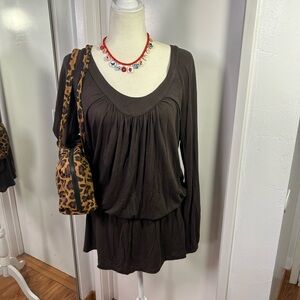 Juicy Couture Dark Brown Long-Sleeve Gathered V-Neck Tunic Mini Dress